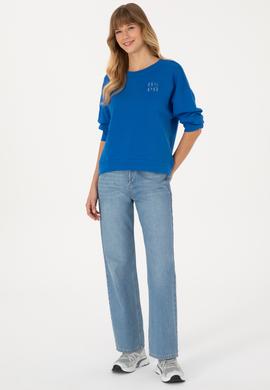 Kadın Koyu Mavi Bisiklet Yaka Basic Sweatshırt - 50313565039