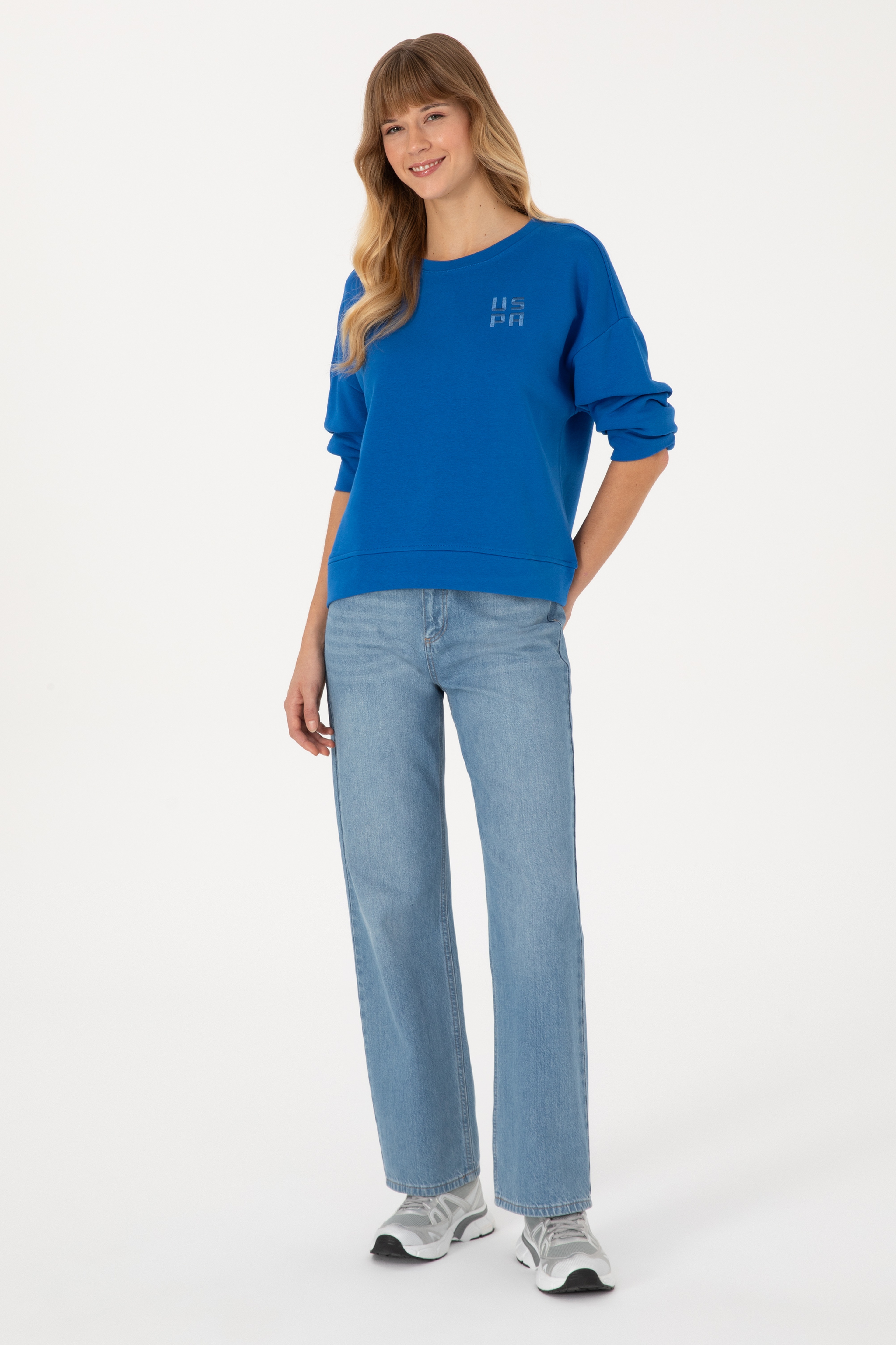 Kadın Koyu Mavi Bisiklet Yaka Basic Sweatshırt - Image 4