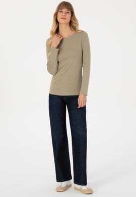 Kadın Açık Haki Slim Bisiklet Yaka Basic Sweatshırt - 50315419032