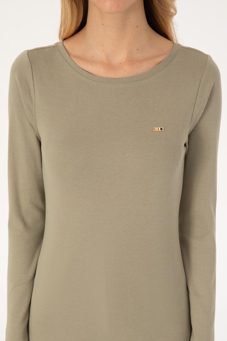 Kadın Açık Haki Slim Bisiklet Yaka Basic Sweatshırt - 50315419032