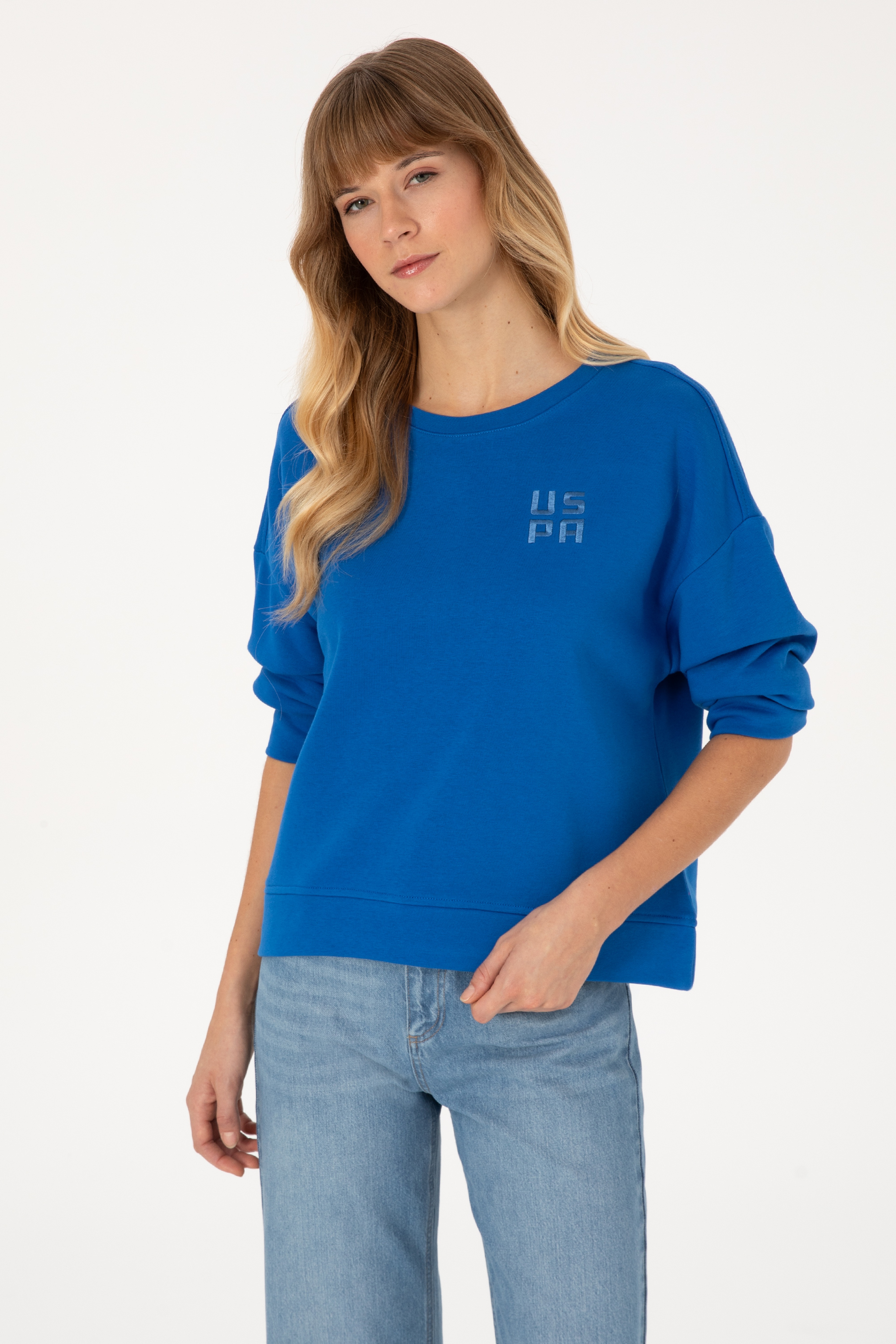 Kadın Koyu Mavi Bisiklet Yaka Basic Sweatshırt - Image 3