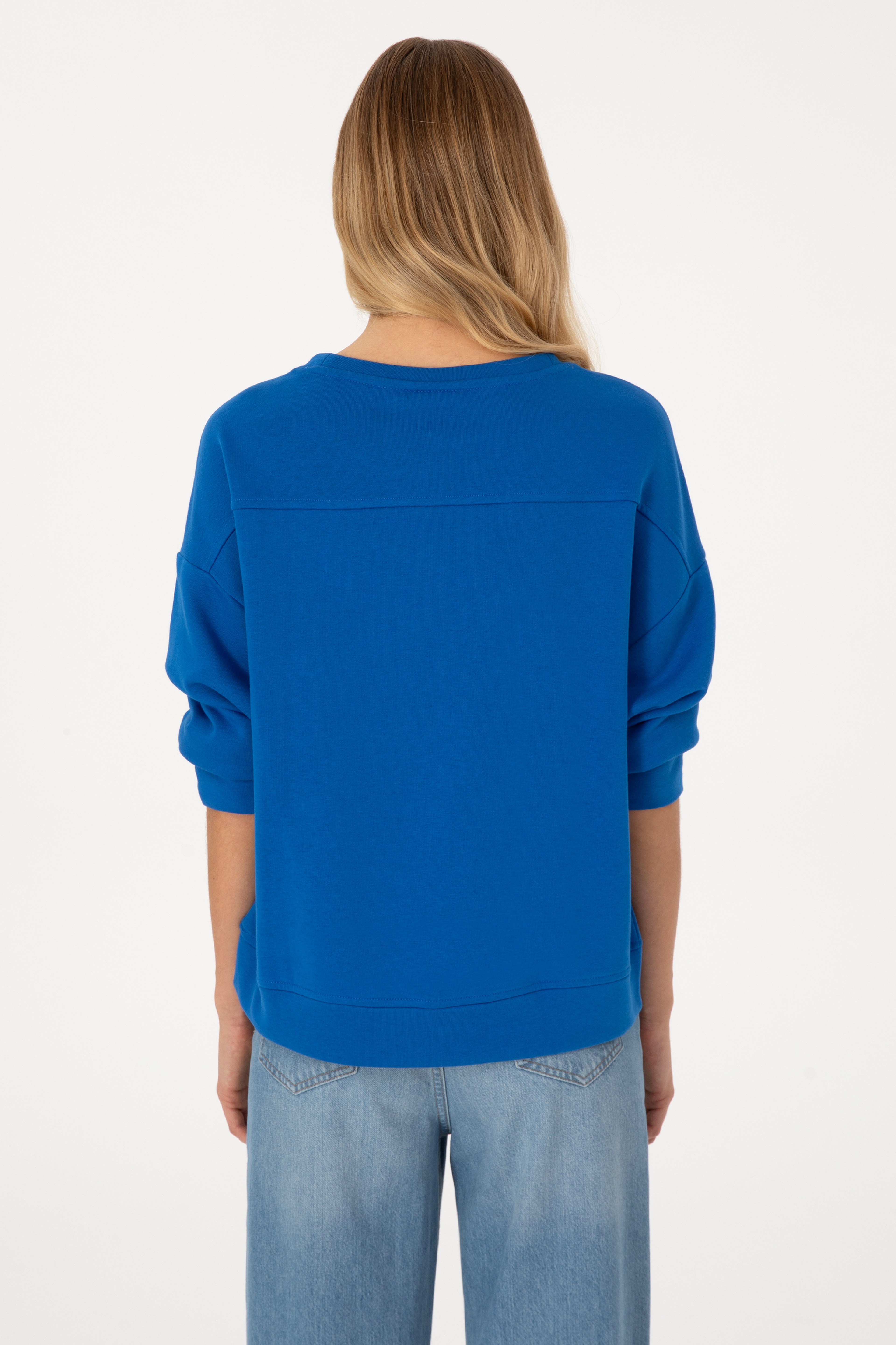 Kadın Koyu Mavi Bisiklet Yaka Basic Sweatshırt - Image 5