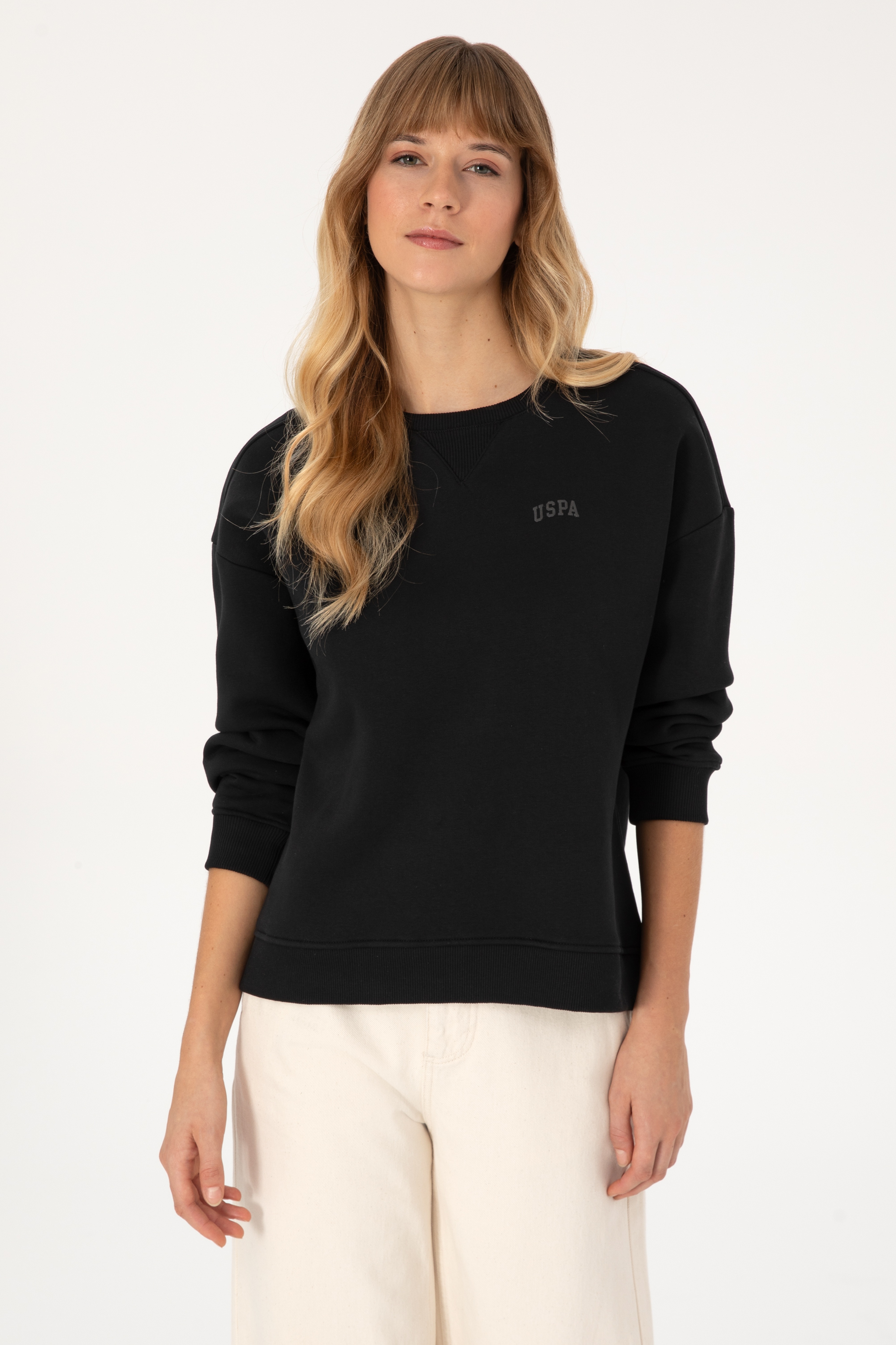 Kadın Siyah Şardonlu Bisiklet Yaka Basic Sweatshırt