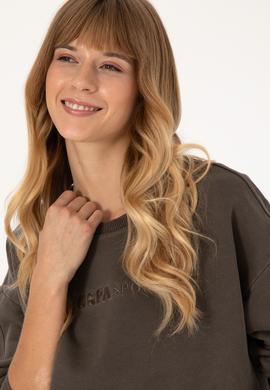 Kadın Koyu Kahverengi Bisiklet Yaka Sweatshirt - 50309547019