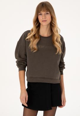 Kadın Koyu Kahverengi Bisiklet Yaka Sweatshirt - 50309547019