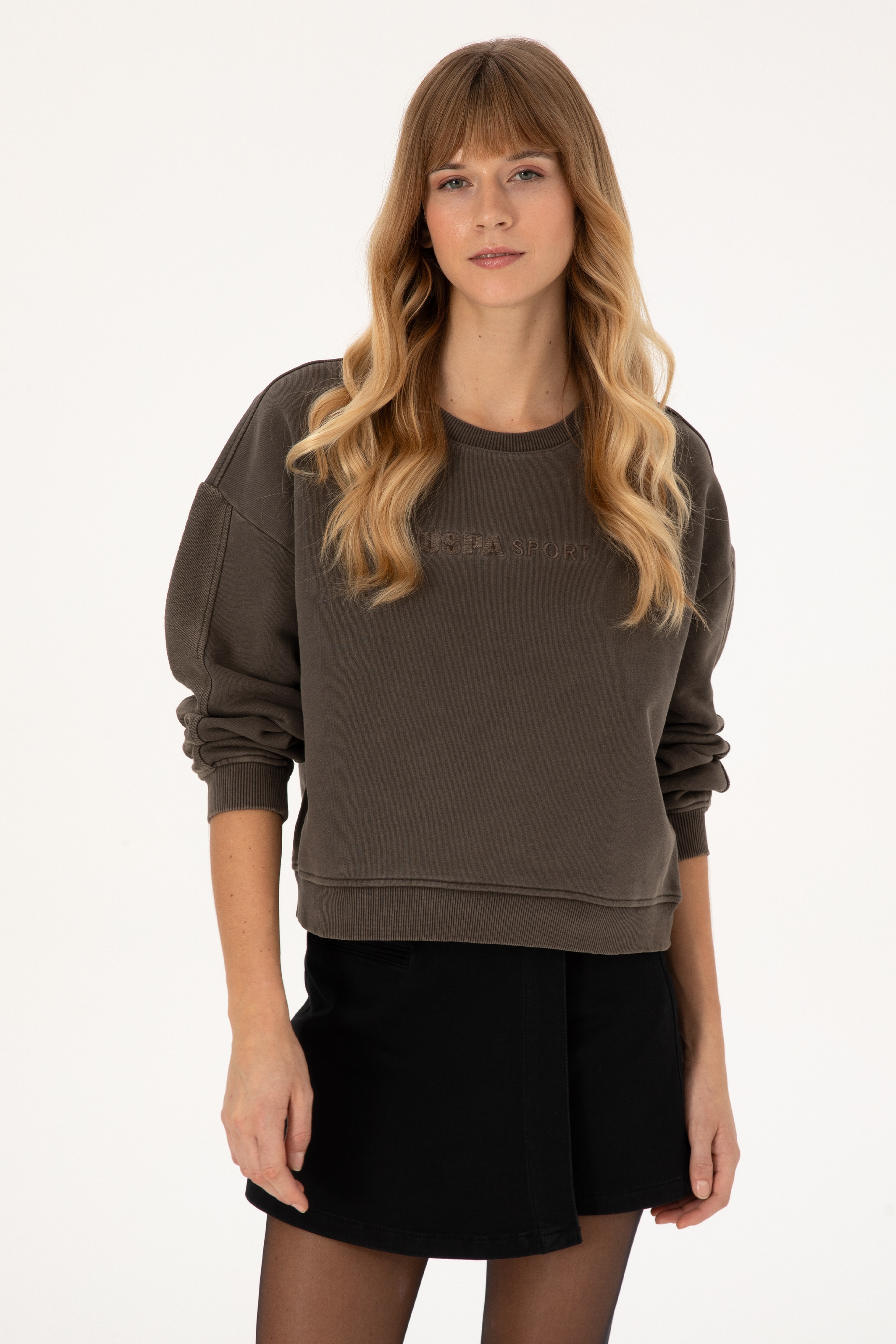 Kadın Koyu Kahverengi Bisiklet Yaka Sweatshirt