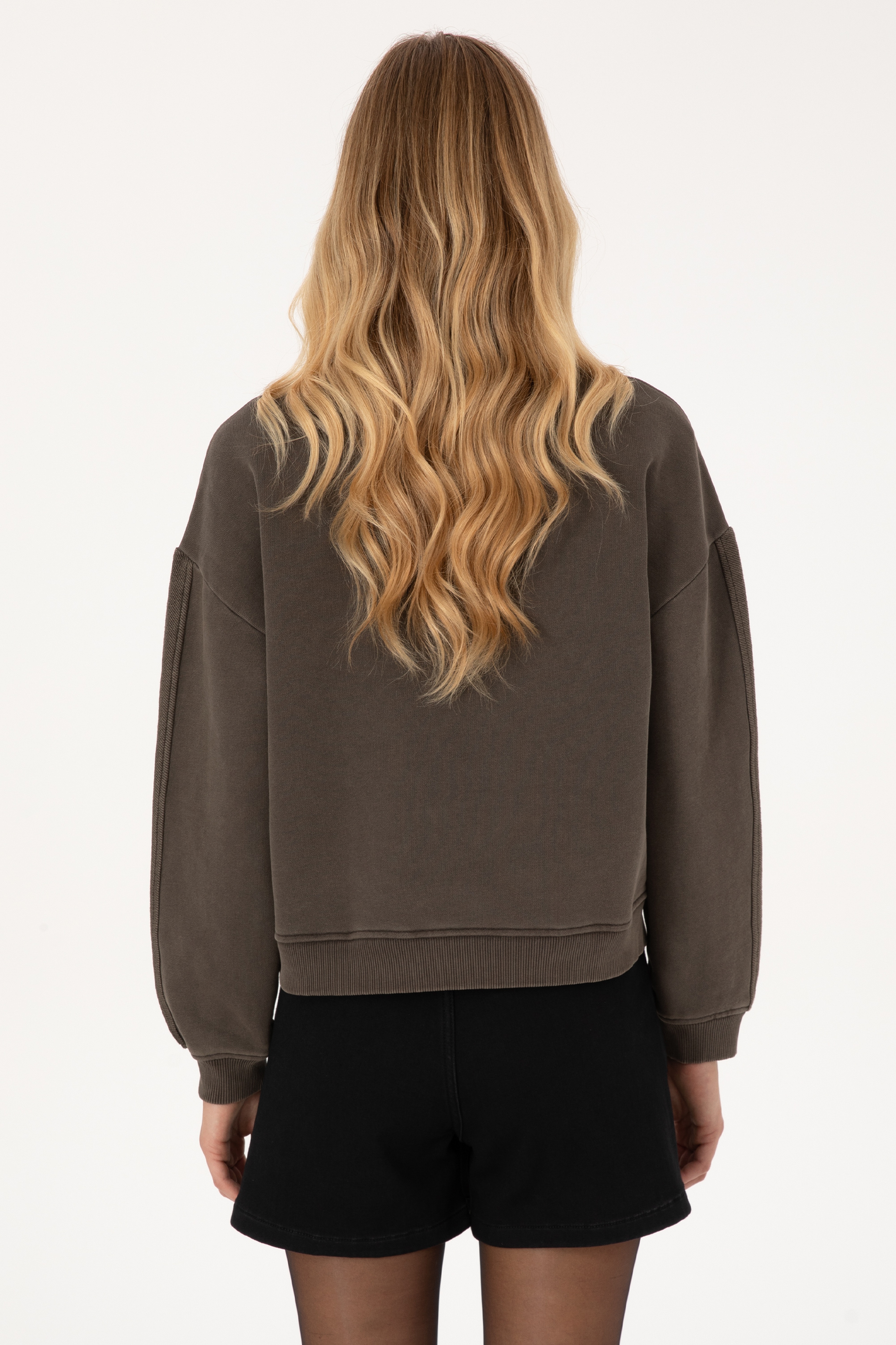 Kadın Koyu Kahverengi Bisiklet Yaka Sweatshirt - Image 5