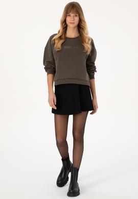 Kadın Koyu Kahverengi Bisiklet Yaka Sweatshirt - 50309547019