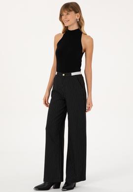 Kadın Siyah Çizgili Loose Fit Kanvas Pantolon - 50317169004