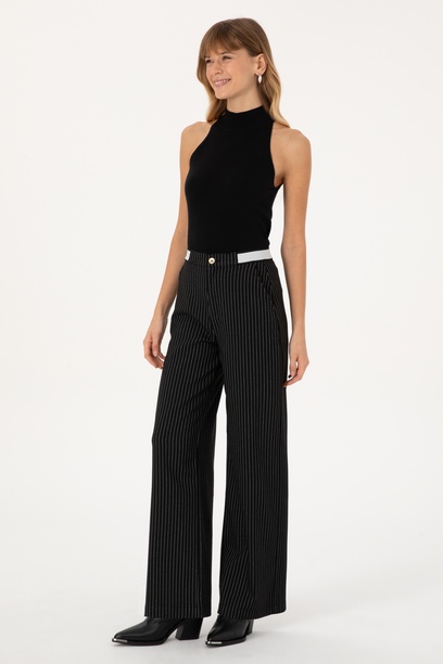 Kadın Siyah Çizgili Loose Fit Kanvas Pantolon