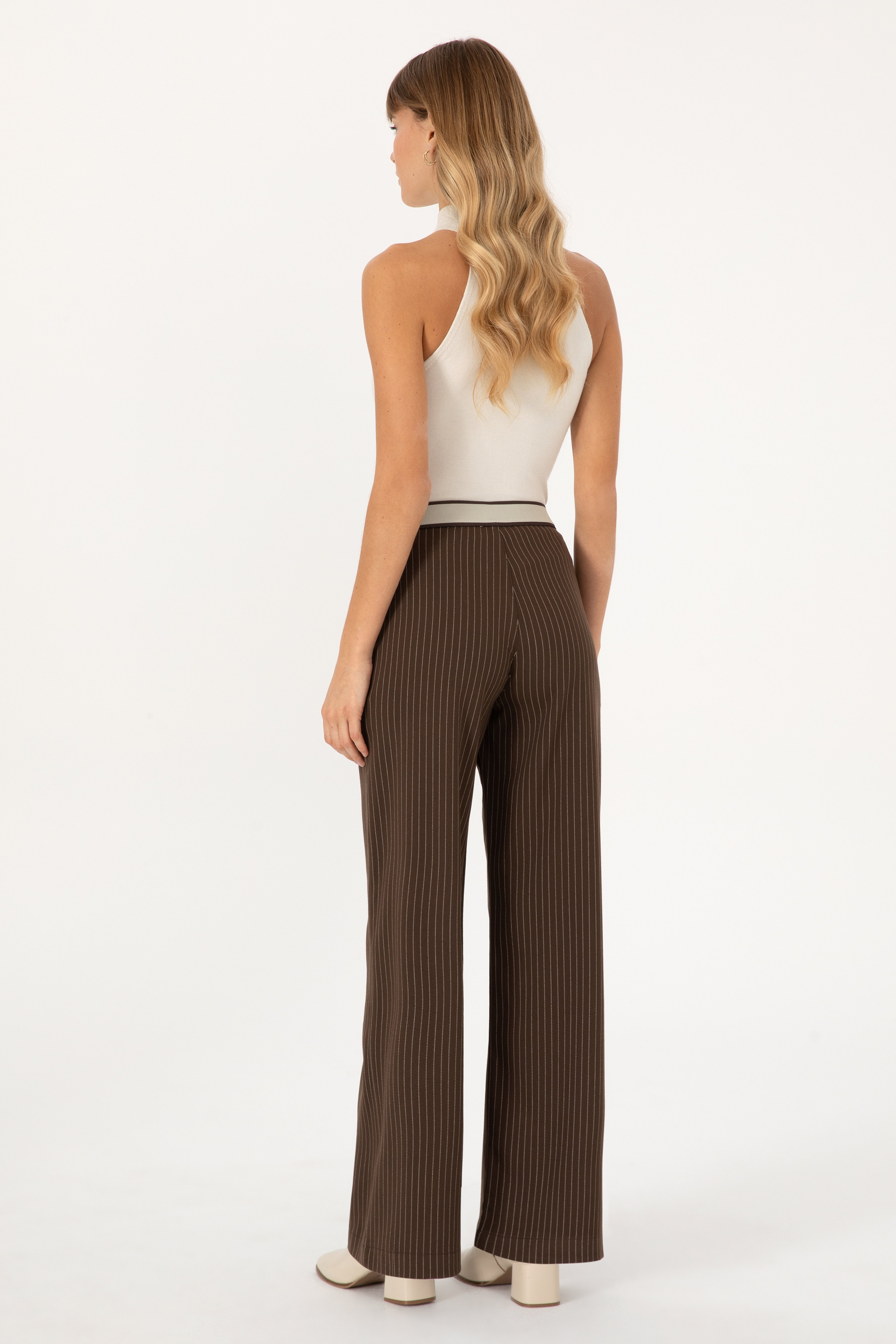Kadın Kahverengi Çizgili Loose Fit Kanvas Pantolon