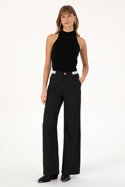 Kadın Siyah Çizgili Loose Fit Kanvas Pantolon
