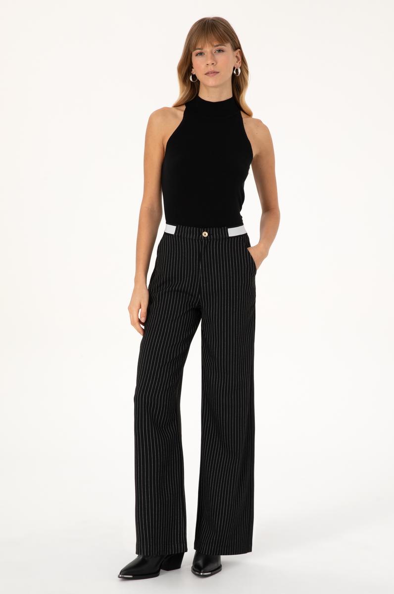 Kadın Siyah Çizgili Loose Fit Kanvas Pantolon