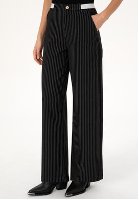 Kadın Siyah Çizgili Loose Fit Kanvas Pantolon - 50317169004