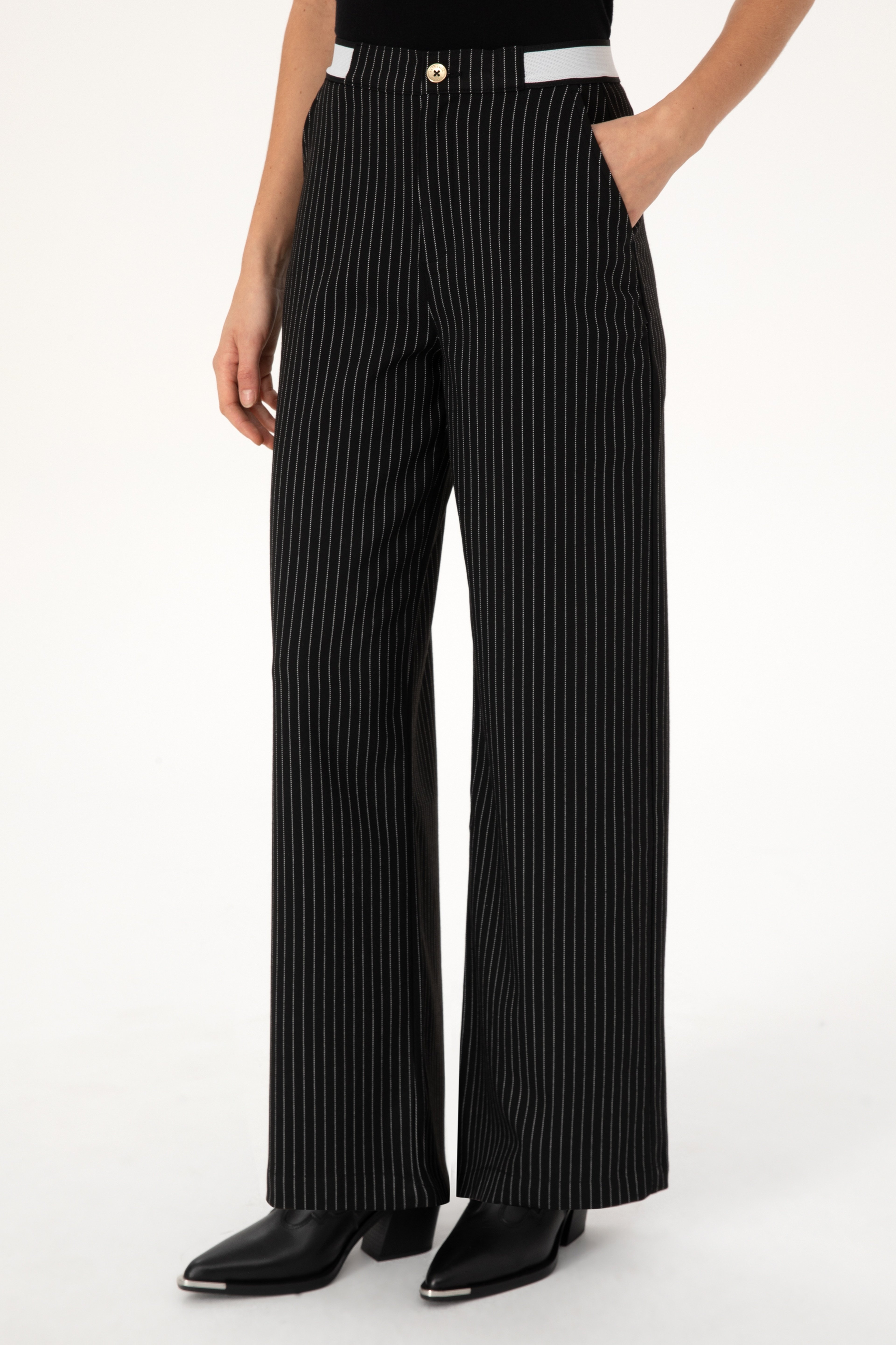 Kadın Siyah Çizgili Loose Fit Kanvas Pantolon - Image 2
