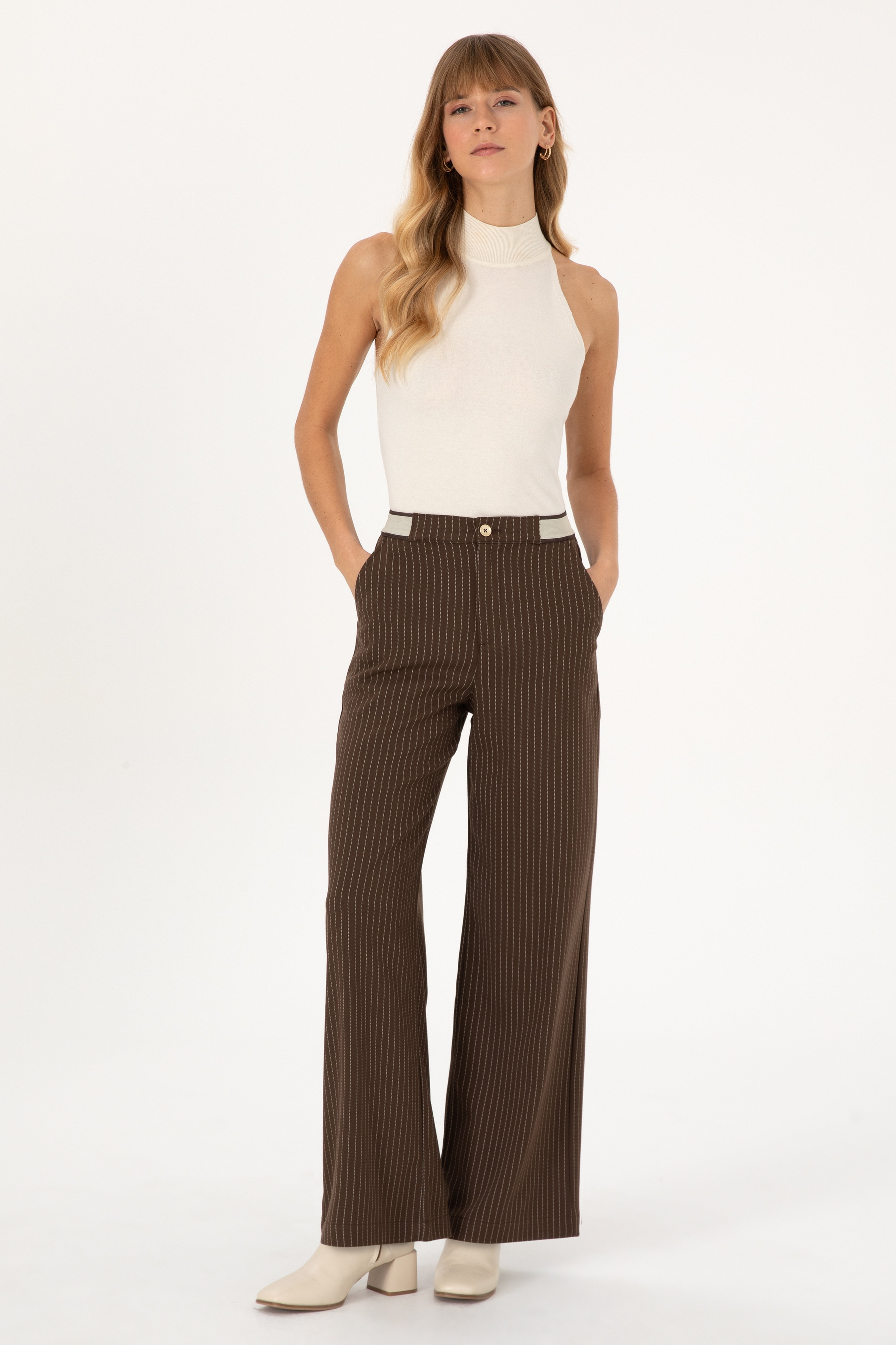Kadın Kahverengi Çizgili Loose Fit Kanvas Pantolon