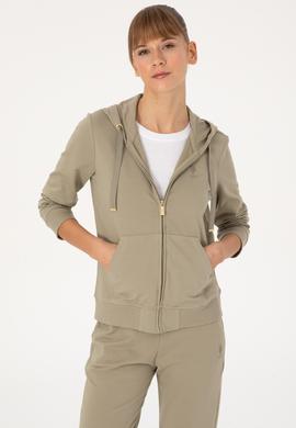 Kadın Açık Haki Fermuarlı Kapüşonlu Sweatshırt - 50313594032