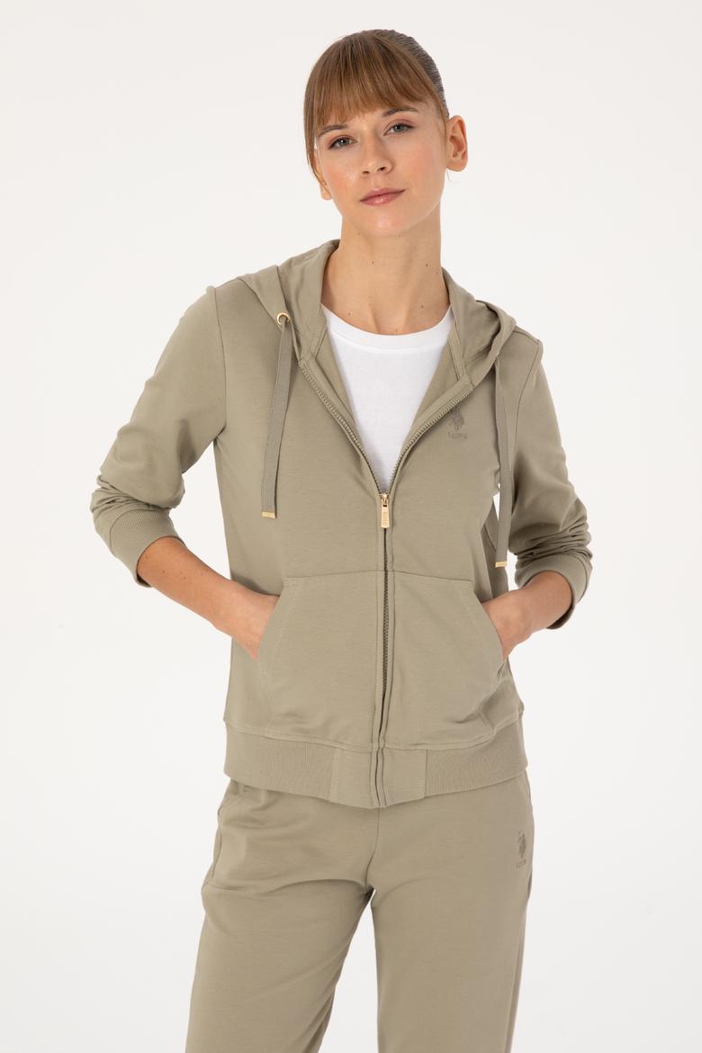Kadın Açık Haki Fermuarlı Kapüşonlu Sweatshırt