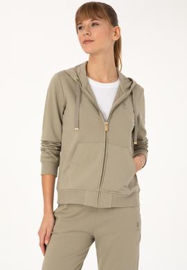 Kadın Açık Haki Fermuarlı Kapüşonlu Sweatshırt - 50313594032