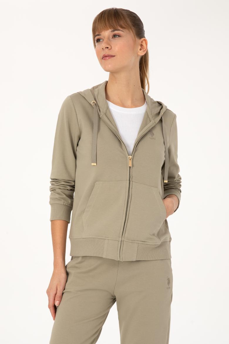 Kadın Açık Haki Fermuarlı Kapüşonlu Sweatshırt - 50313594032