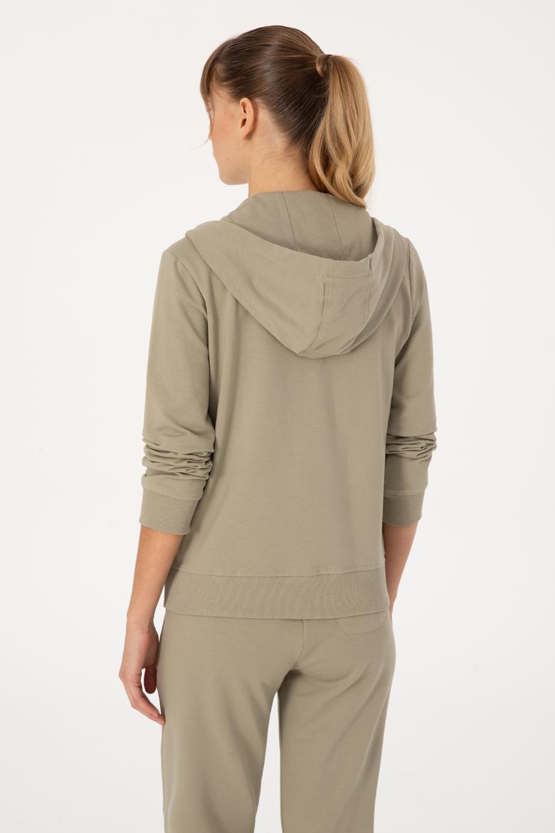 Kadın Açık Haki Fermuarlı Kapüşonlu Sweatshırt - 50313594032