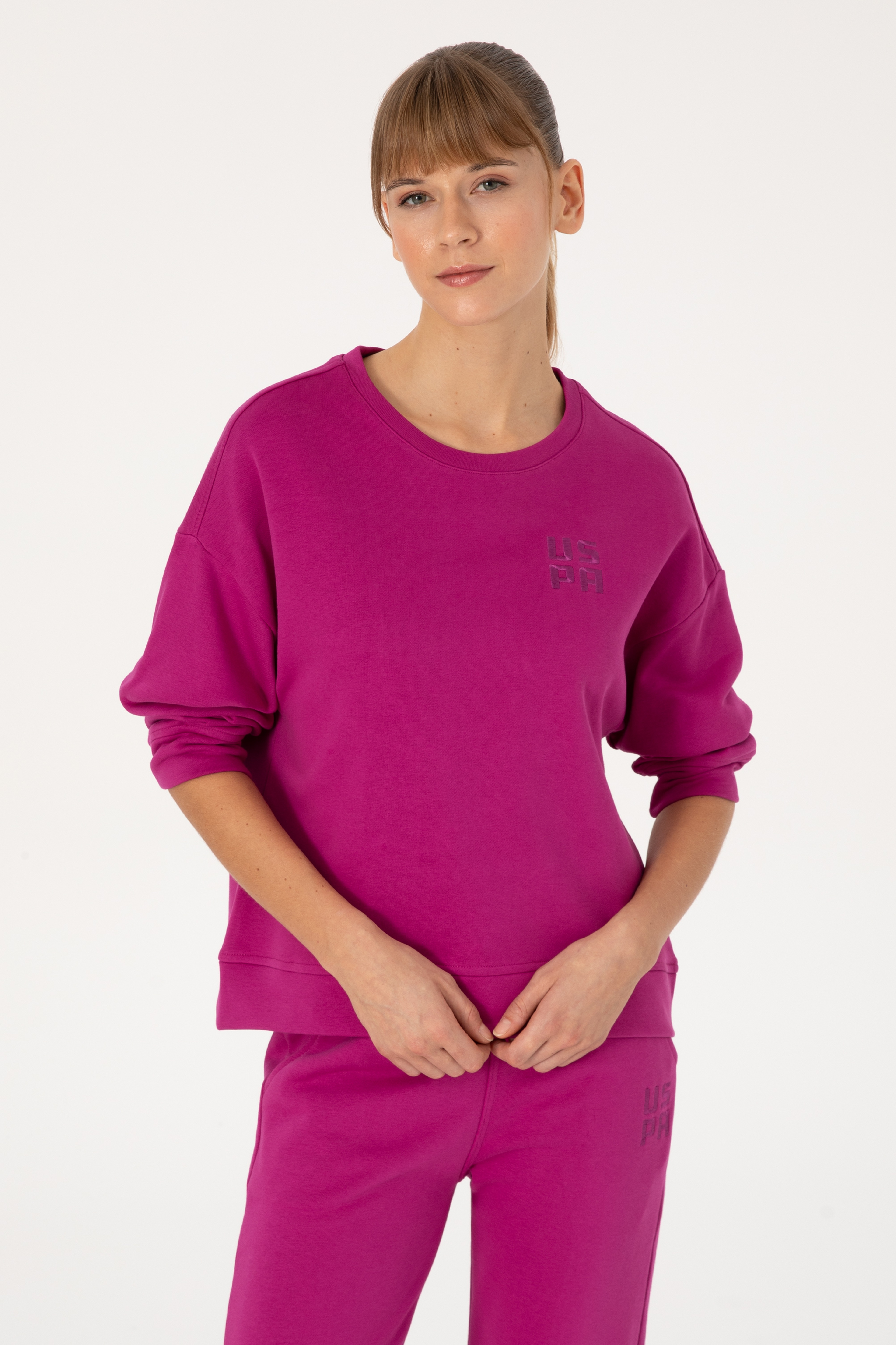 Kadın Fuşya Bisiklet Yaka Basic Sweatshırt - Image 3