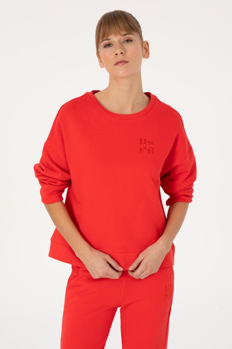 Kadın Kırmızı Bisiklet Yaka Basic Sweatshırt