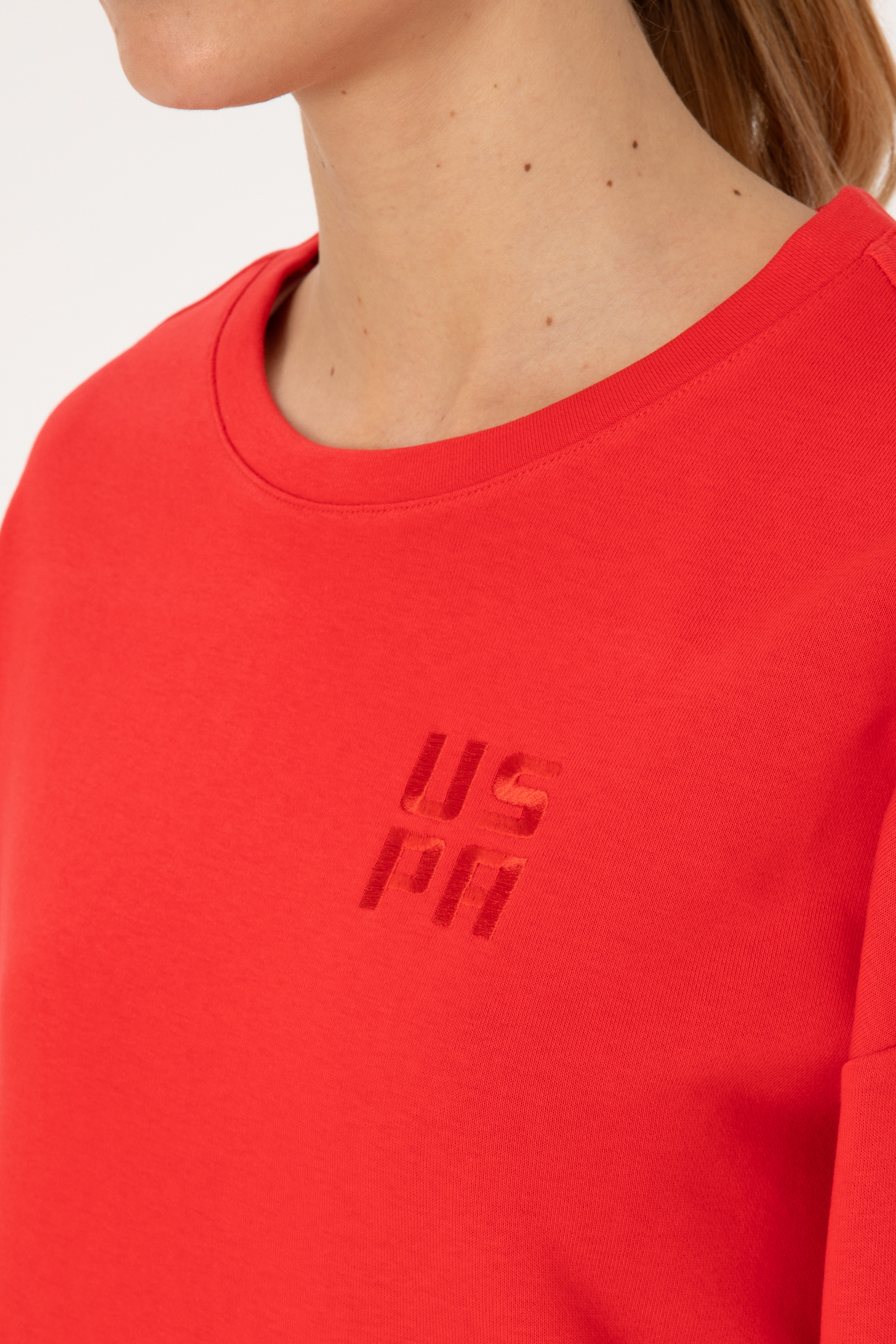 Kadın Kırmızı Bisiklet Yaka Basic Sweatshırt - Image 7