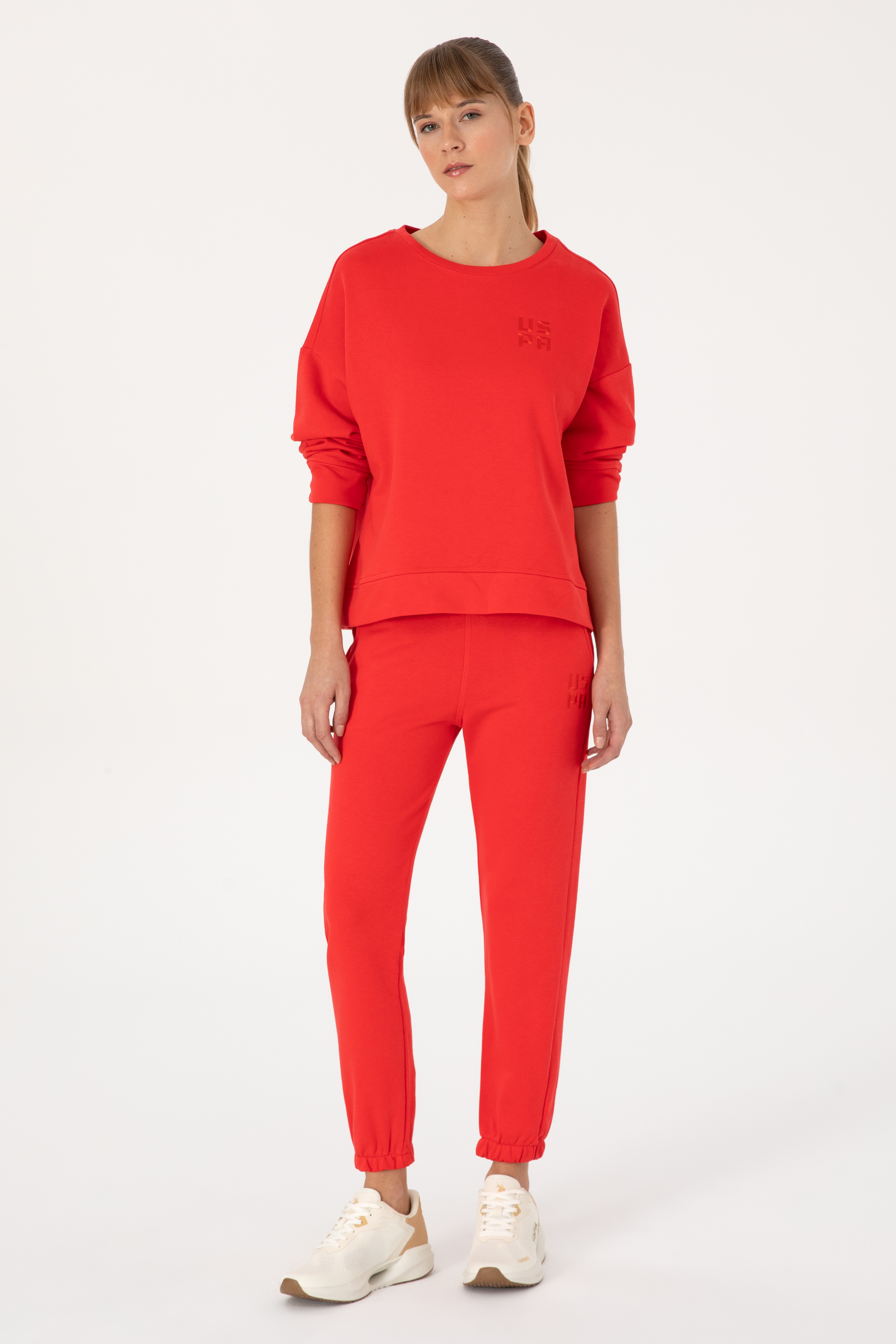 Kadın Kırmızı Bisiklet Yaka Basic Sweatshırt - Image 4