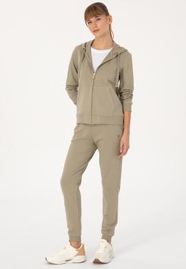 Kadın Açık Haki Fermuarlı Kapüşonlu Sweatshırt - 50313594032