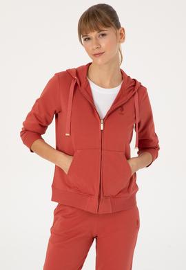 Kadın Kiremit Fermuarlı Kapüşonlu Sweatshırt - 50313594024