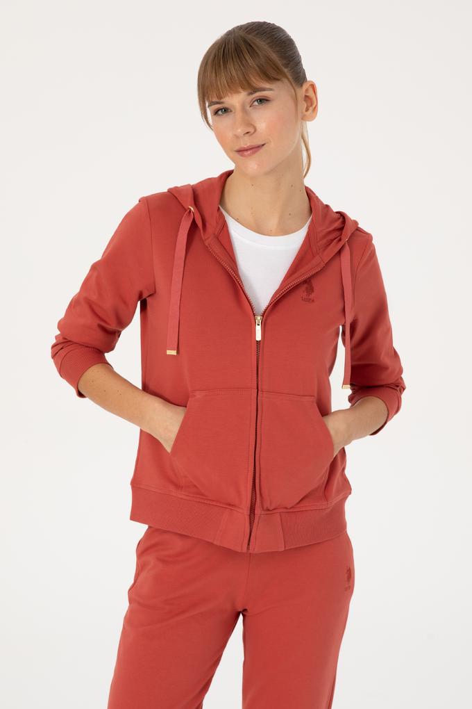 Kadın Kiremit Fermuarlı Kapüşonlu Sweatshırt