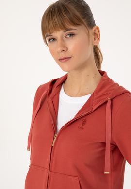 Kadın Kiremit Fermuarlı Kapüşonlu Sweatshırt - 50313594024