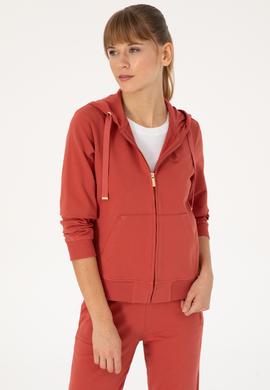 Kadın Kiremit Fermuarlı Kapüşonlu Sweatshırt - 50313594024