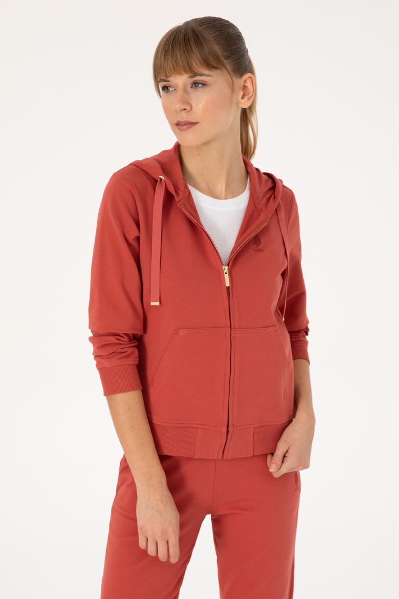 Kadın Kiremit Fermuarlı Kapüşonlu Sweatshırt - 50313594024