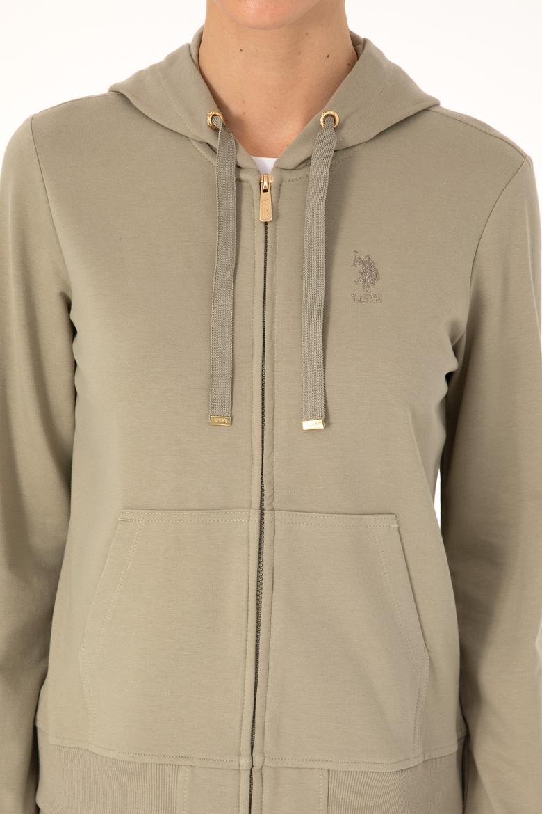Kadın Açık Haki Fermuarlı Kapüşonlu Sweatshırt - 50313594032