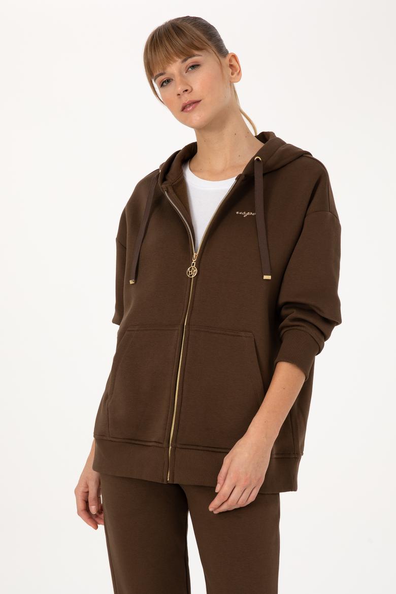 Kadın Kahverengi Şardonlu Kapüşonlu Sweatshırt