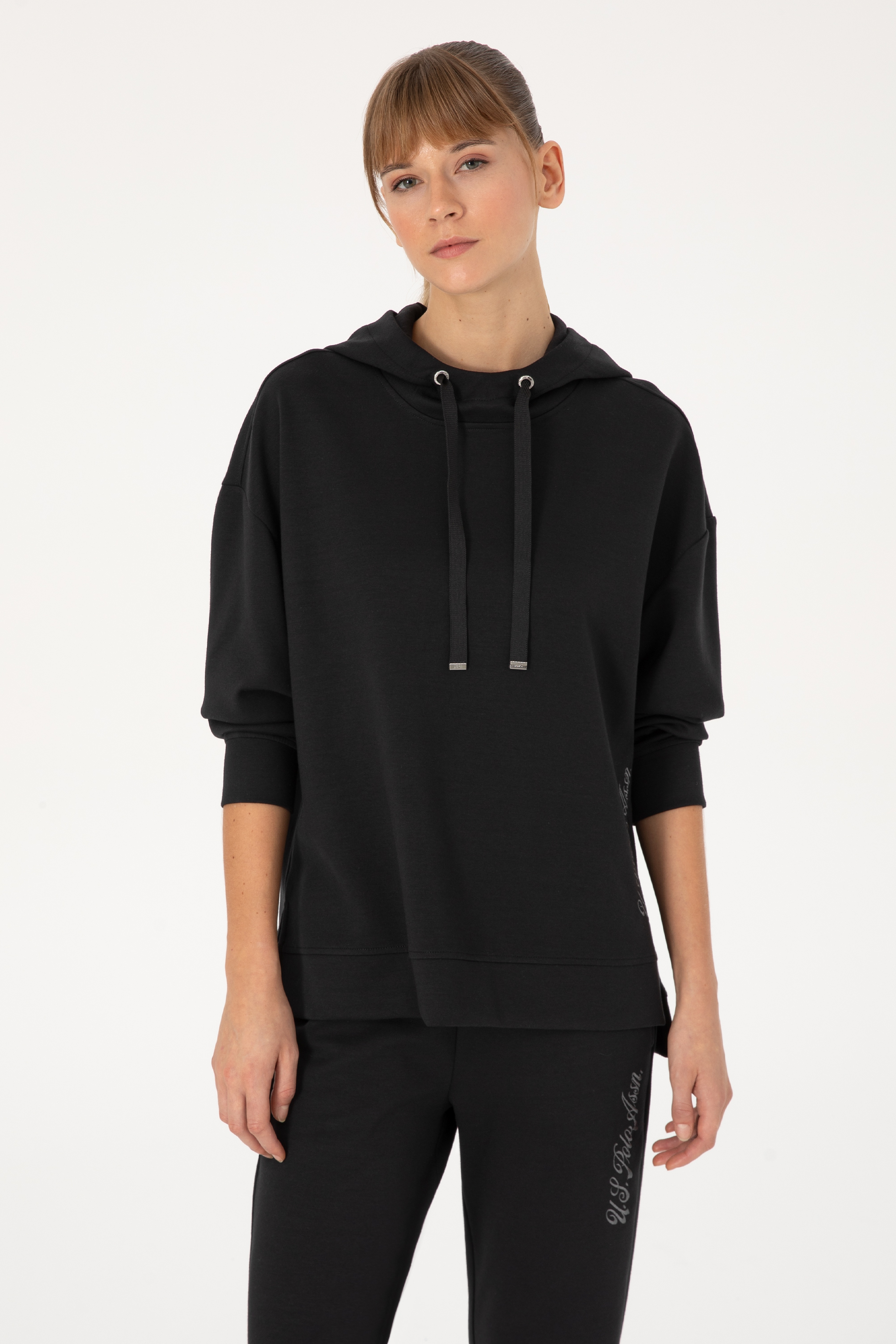 Kadın Siyah Modal Karışımlı Kapüşonlu Sweatshirt