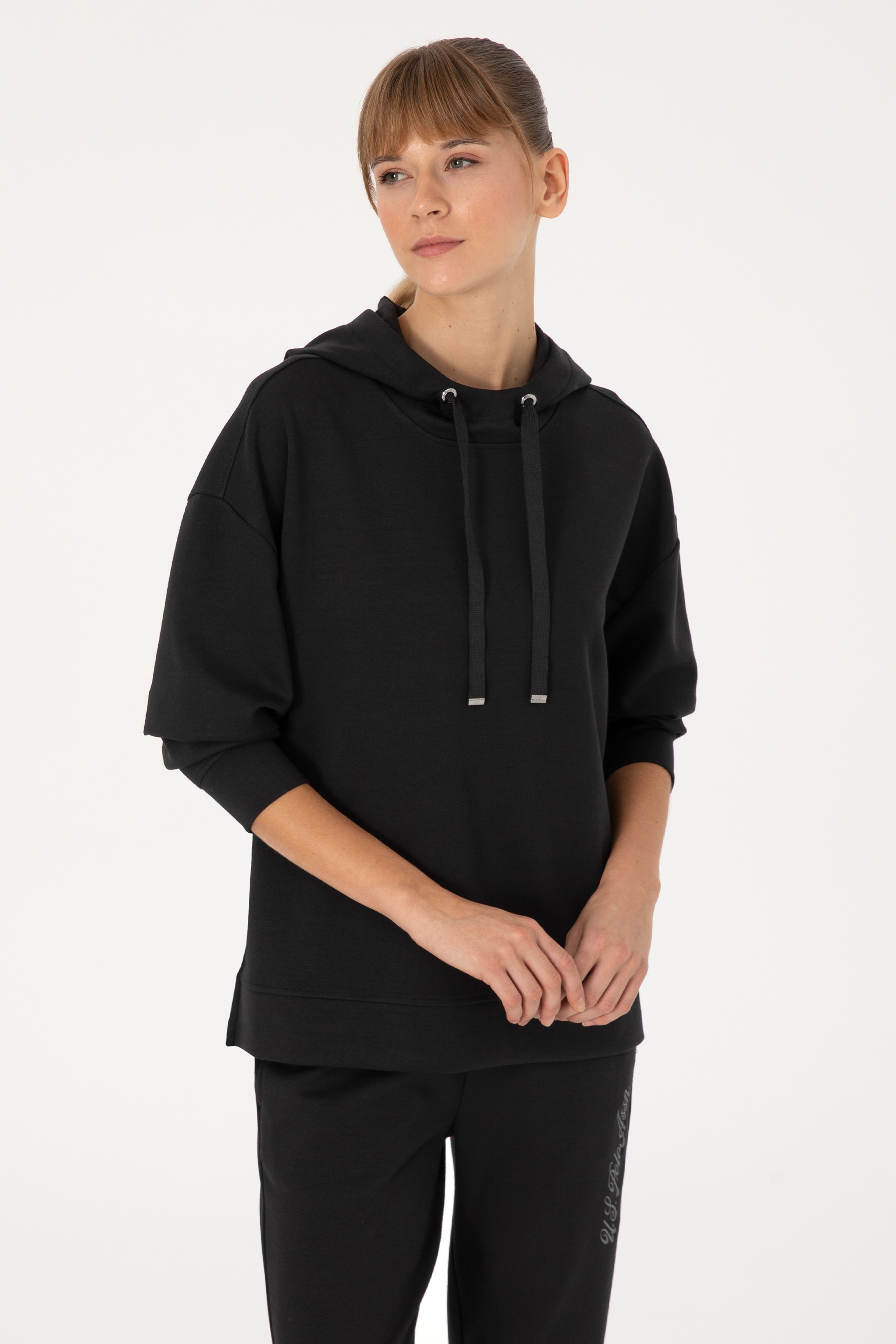Kadın Siyah Modal Karışımlı Kapüşonlu Sweatshirt