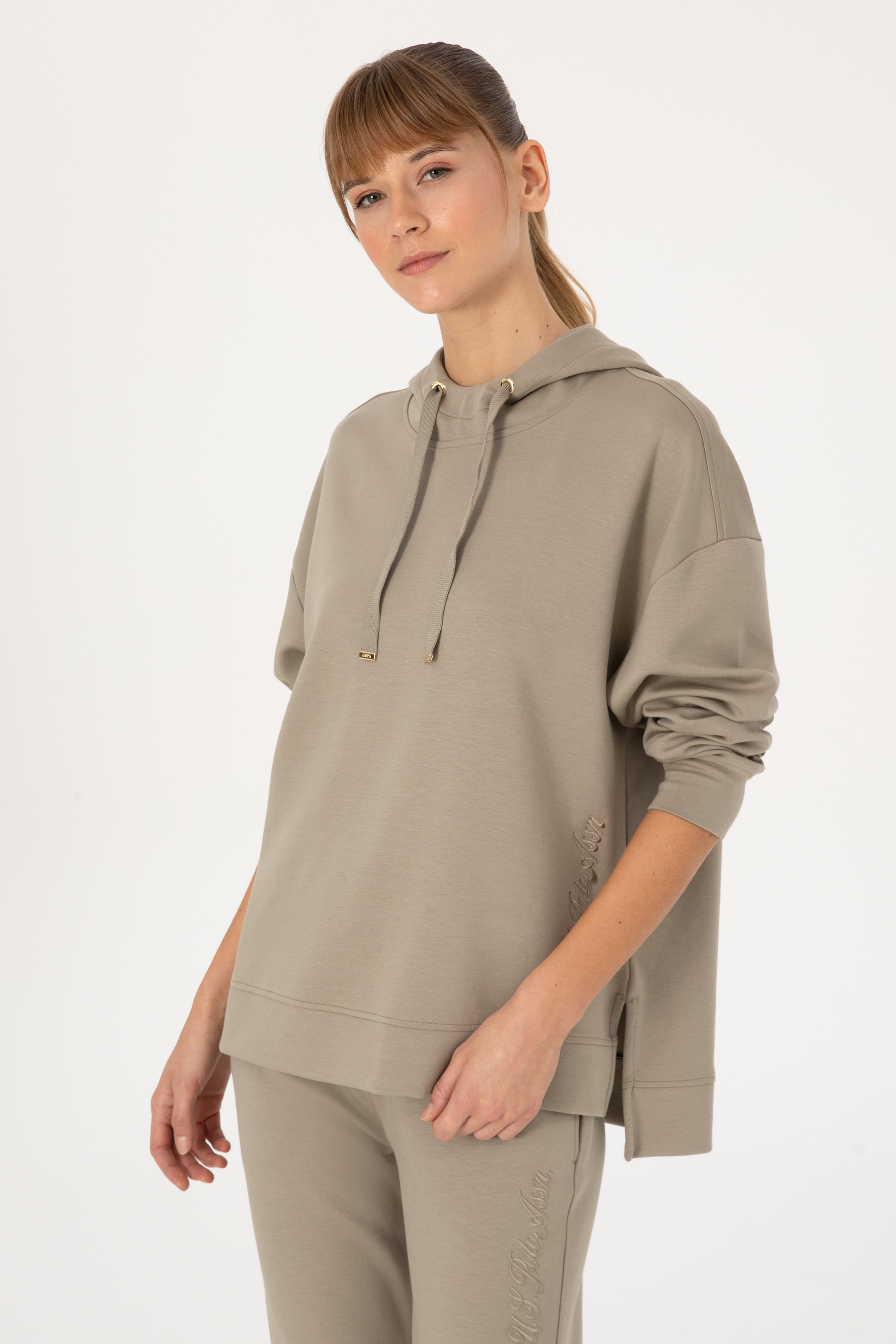 Kadın Açık Haki Modal Karışımlı Kapüşonlu Sweatshirt