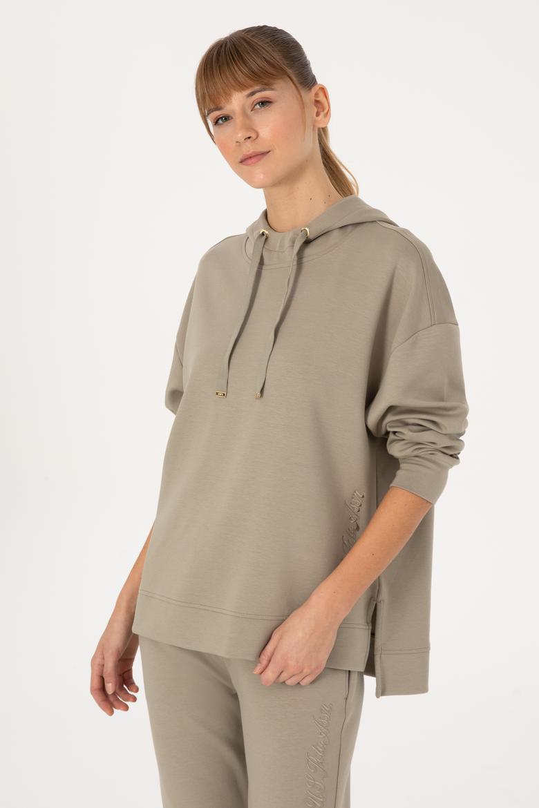 Kadın Açık Haki Modal Karışımlı Kapüşonlu Sweatshirt - 50313561009