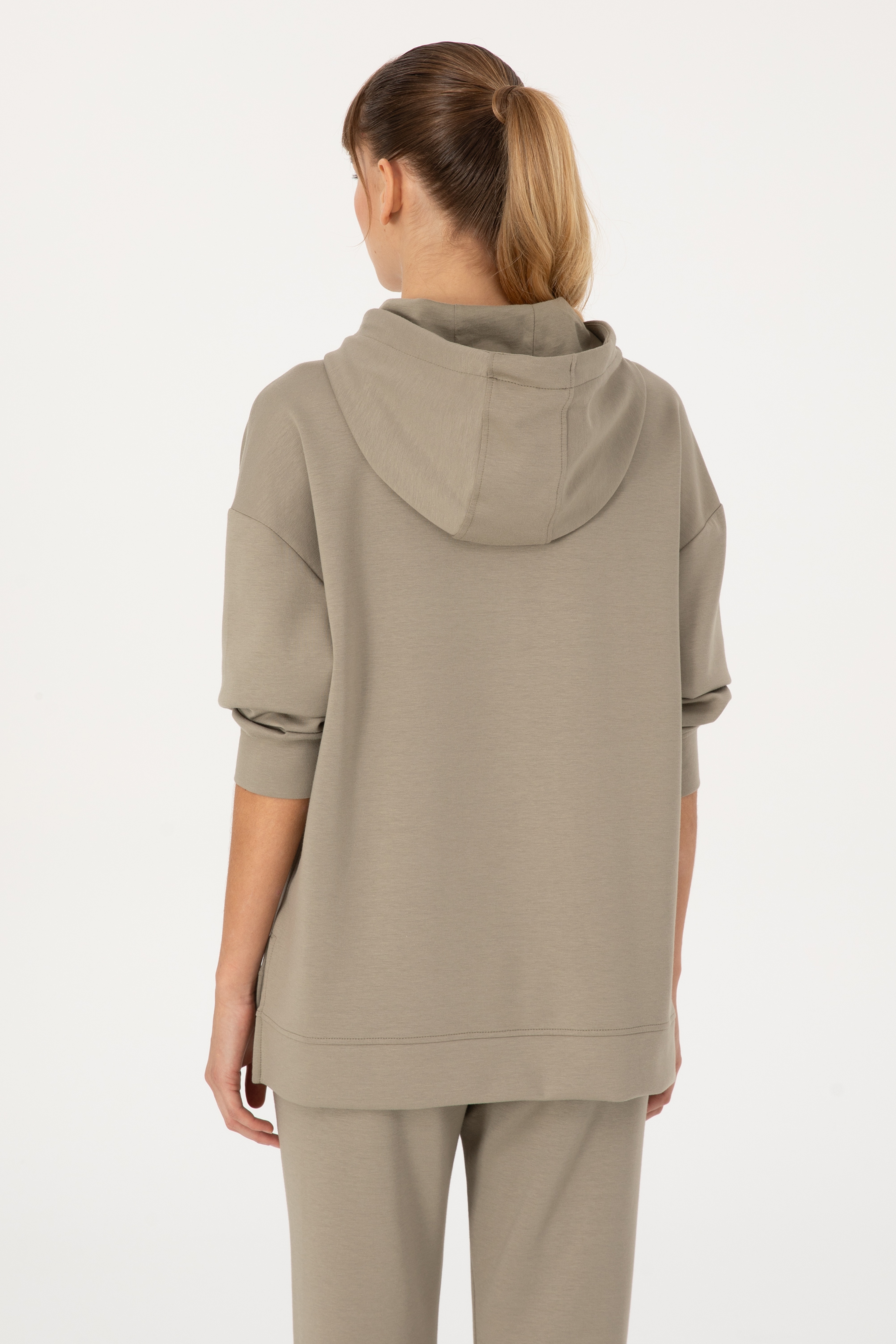 Kadın Açık Haki Modal Karışımlı Kapüşonlu Sweatshirt - Image 5