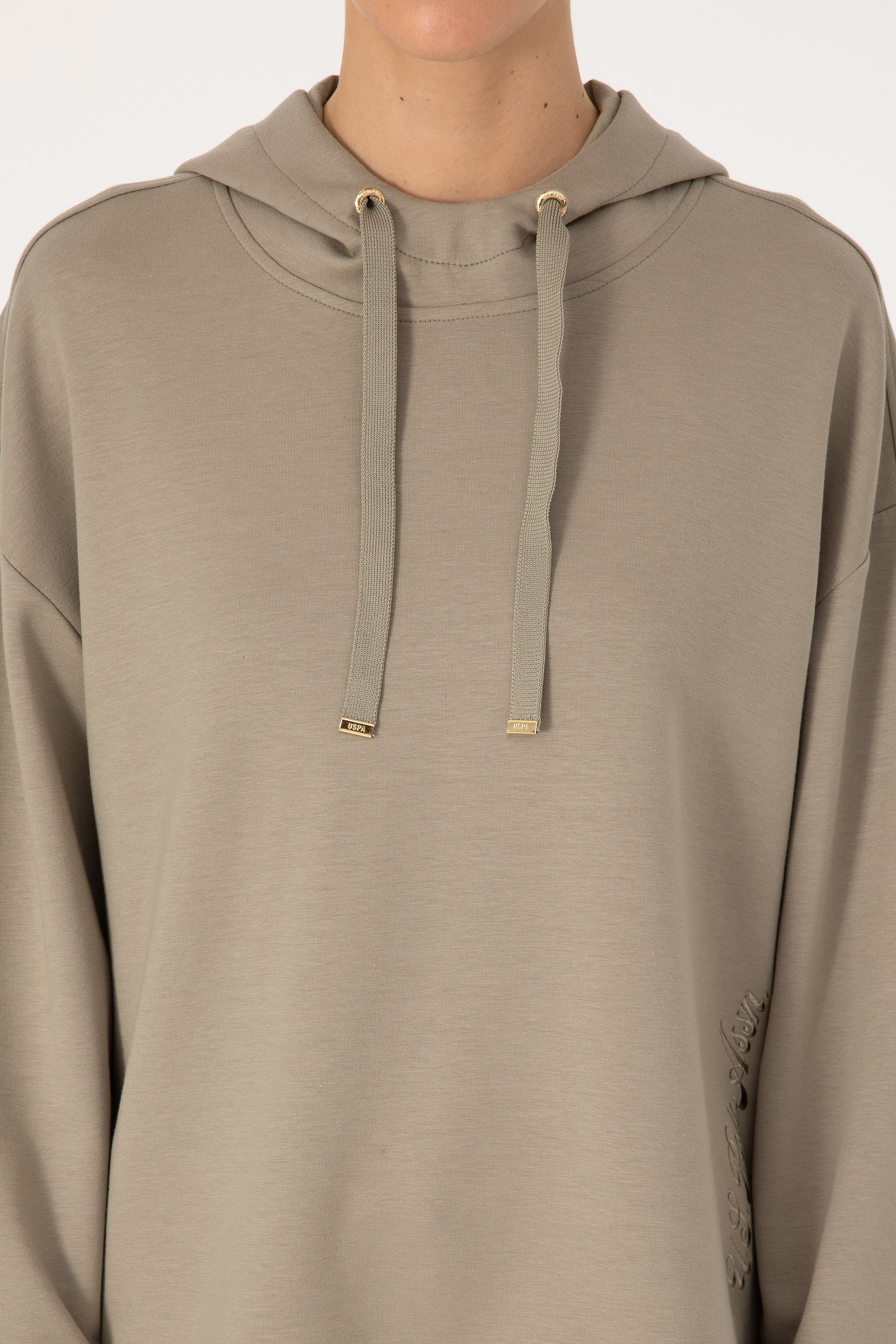 Kadın Açık Haki Modal Karışımlı Kapüşonlu Sweatshirt - Image 6