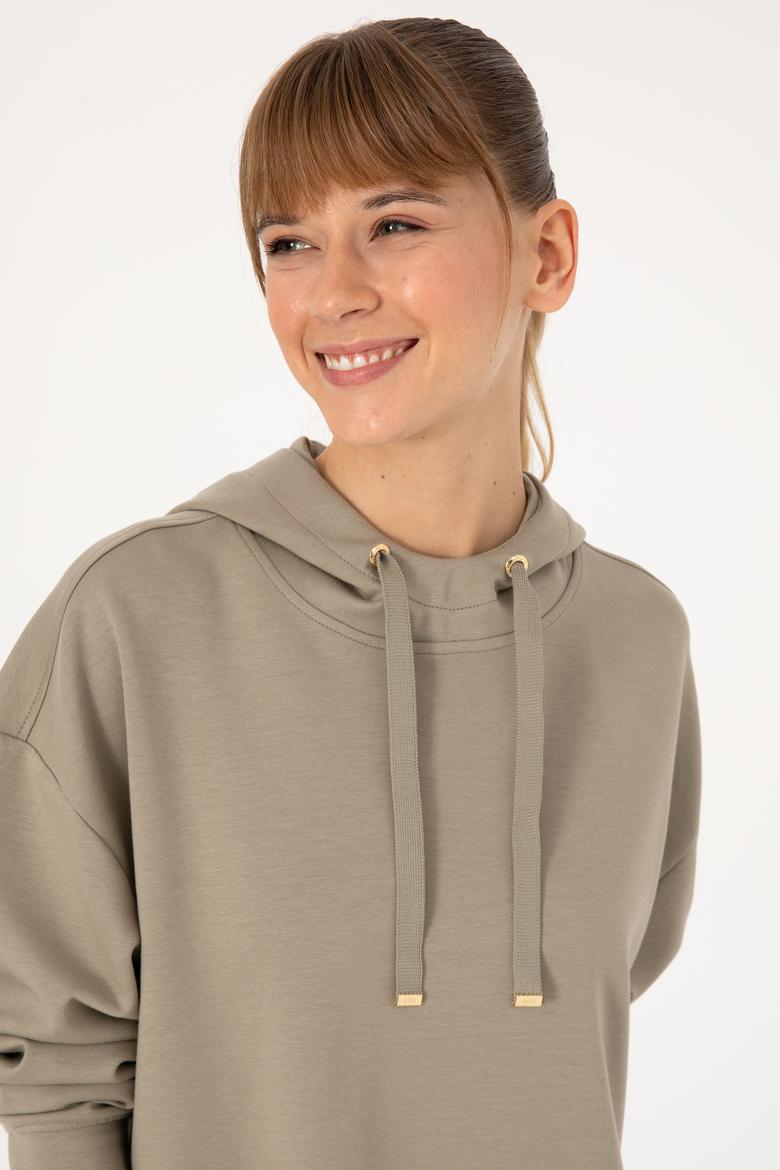 Kadın Açık Haki Modal Karışımlı Kapüşonlu Sweatshirt - 50313561009