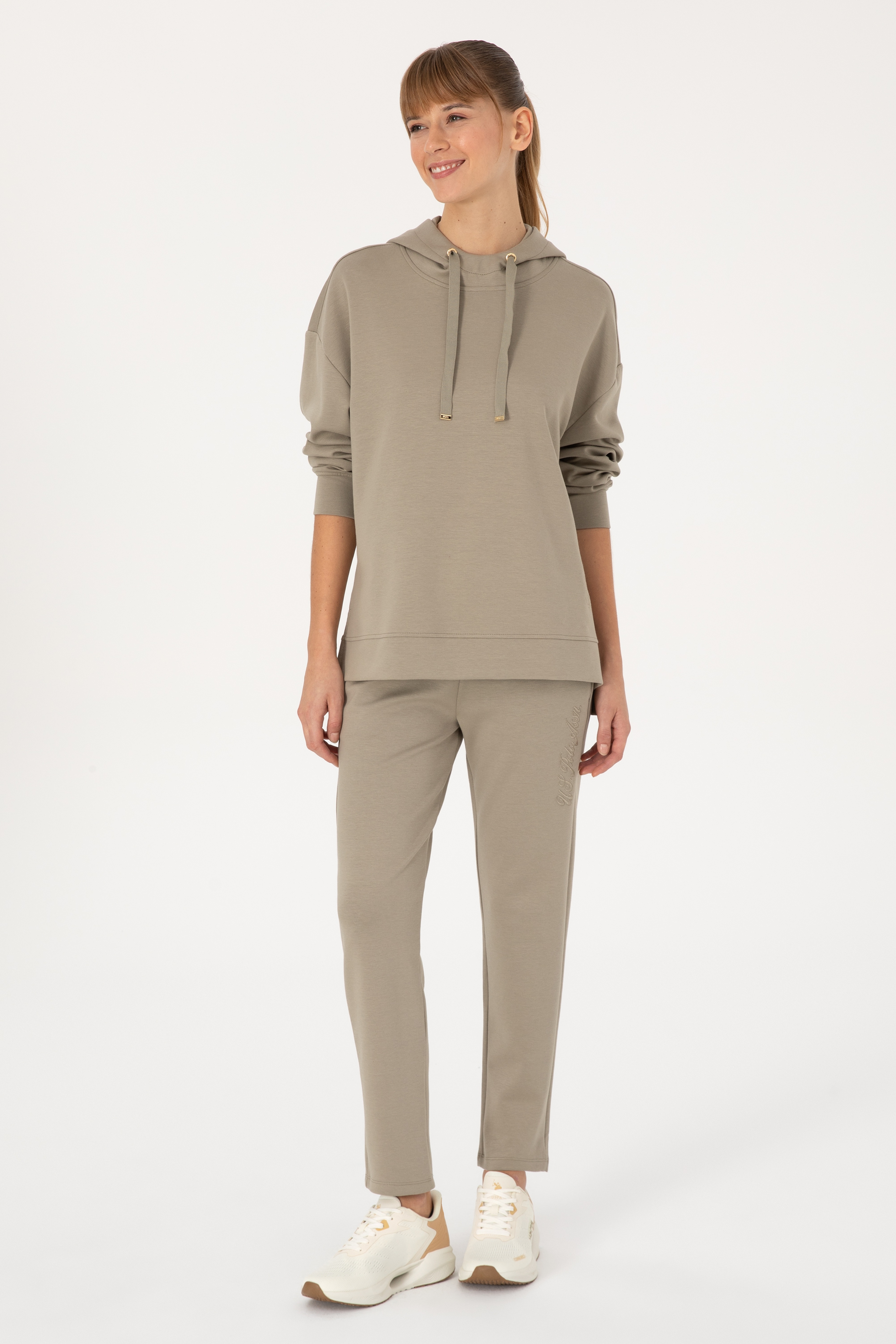 Kadın Açık Haki Modal Karışımlı Kapüşonlu Sweatshirt - Image 4