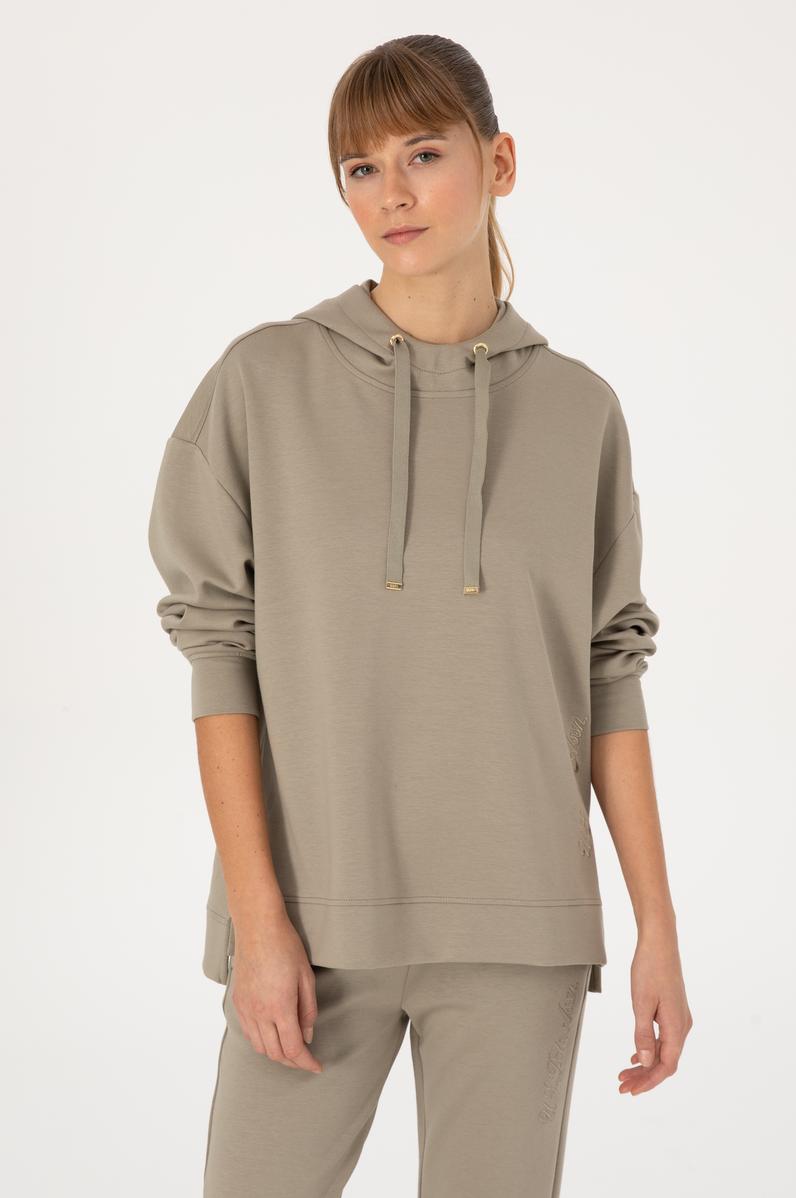 Kadın Açık Haki Modal Karışımlı Kapüşonlu Sweatshirt