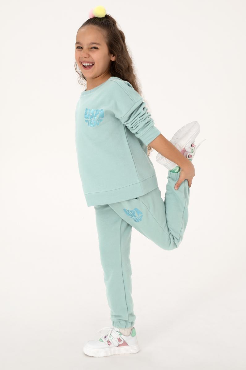 Kız Çocuk Mint Simli Baskı Detaylı Bisiklet Yaka Basic Sweatshirt