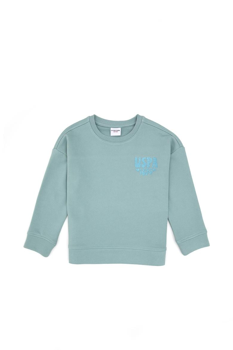 Kız Çocuk Mint Simli Baskı Detaylı Bisiklet Yaka Basic Sweatshirt - 50314289047