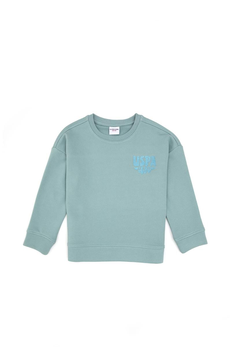 Kız Çocuk Mint Simli Baskı Detaylı Bisiklet Yaka Basic Sweatshirt