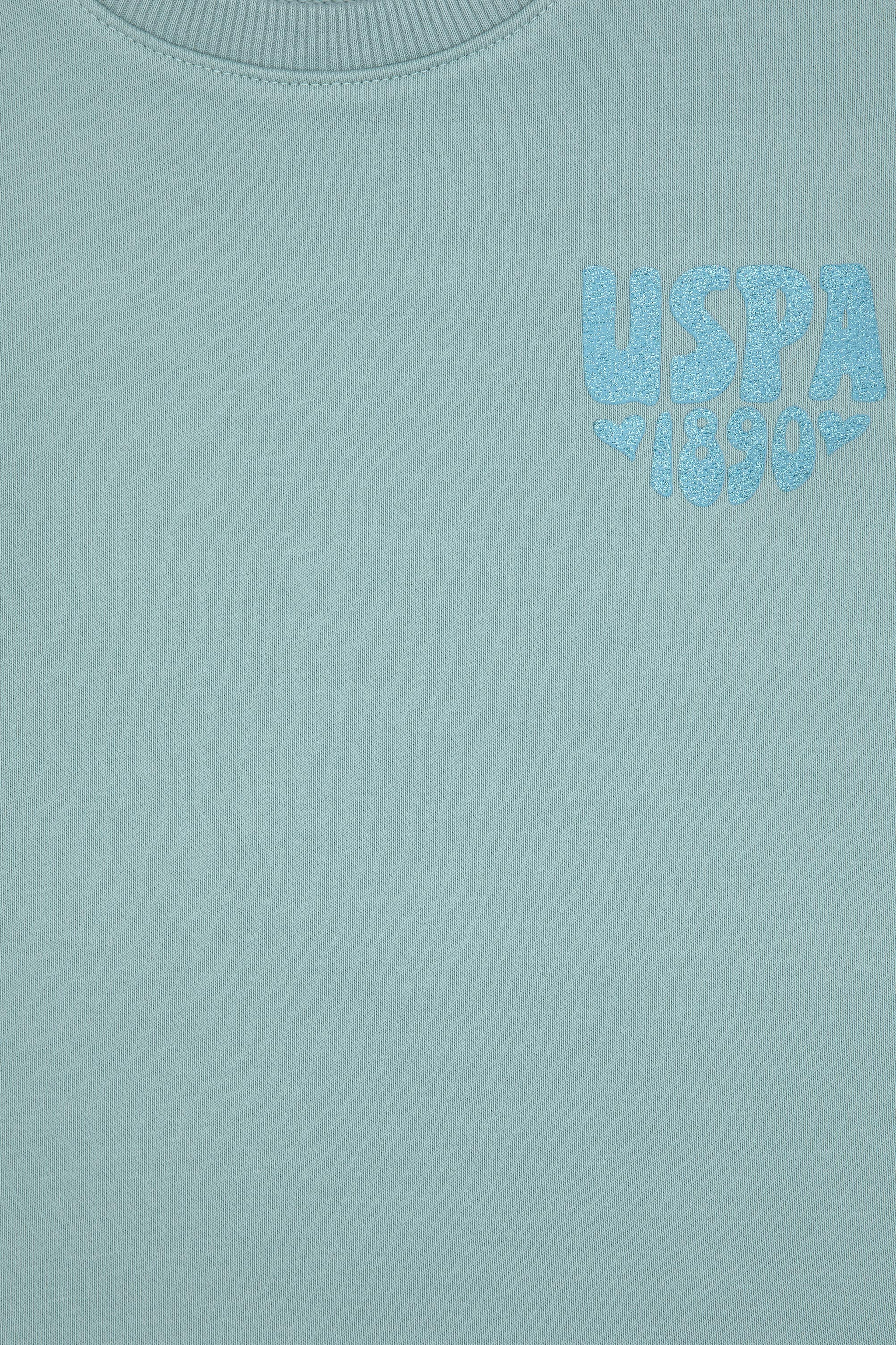 Kız Çocuk Mint Simli Baskı Detaylı Bisiklet Yaka Basic Sweatshirt